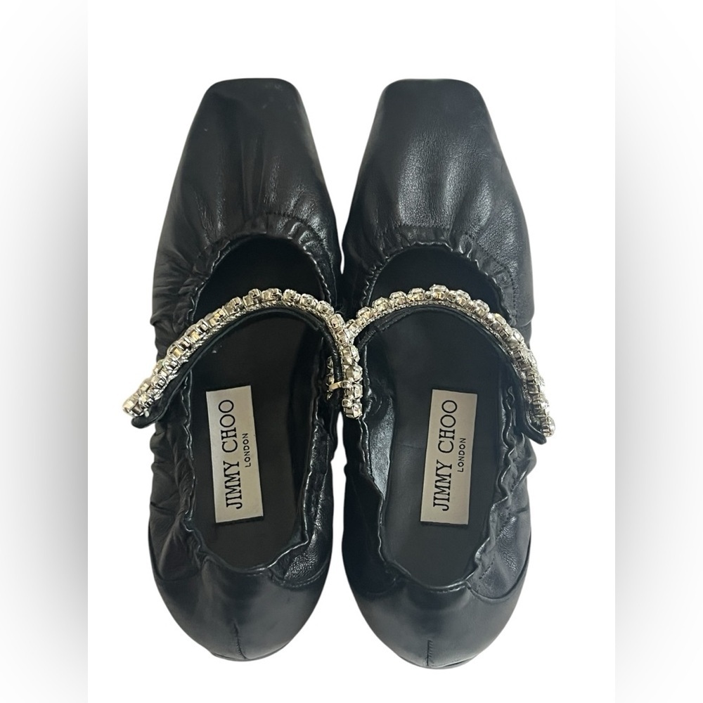 Jimmy Choo Gai Square-Toe Crystal-Strap Leather Ballerina Flats 34, pre-owned. - Picture 14 of 16